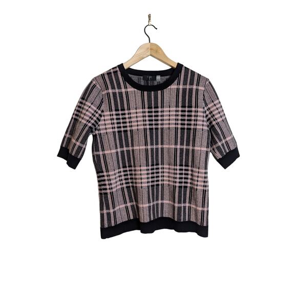 NWOT Tahari Pink and Black Plaid Short Sleeve Sweater - Picture 1 of 6